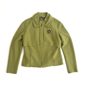 Per Se Jacket 10 Yellow-Green Boiled Wool Full-Zip Brooch Pin Adornment Pockets